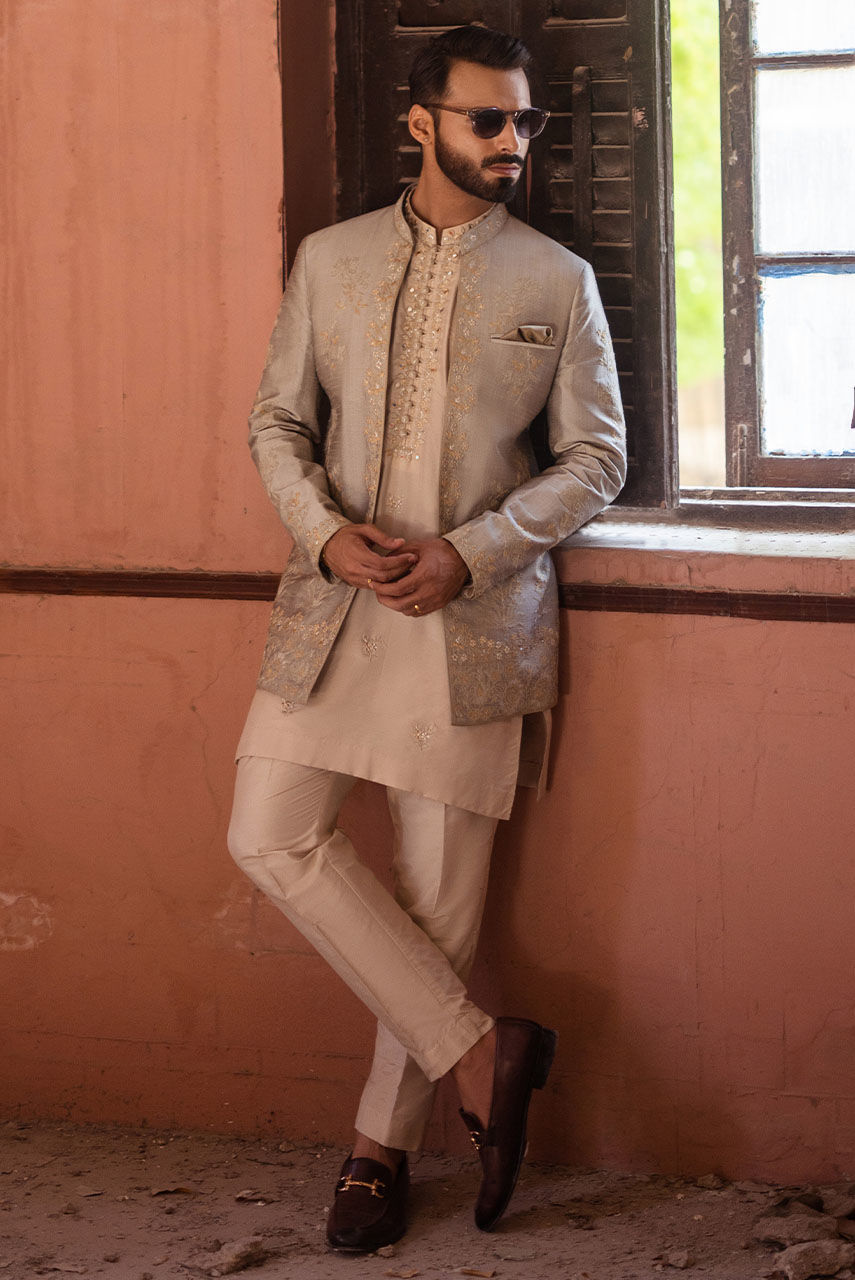 Light Grey Embroidered Raw Silk Prince Coat (3-Piece) - Image 3