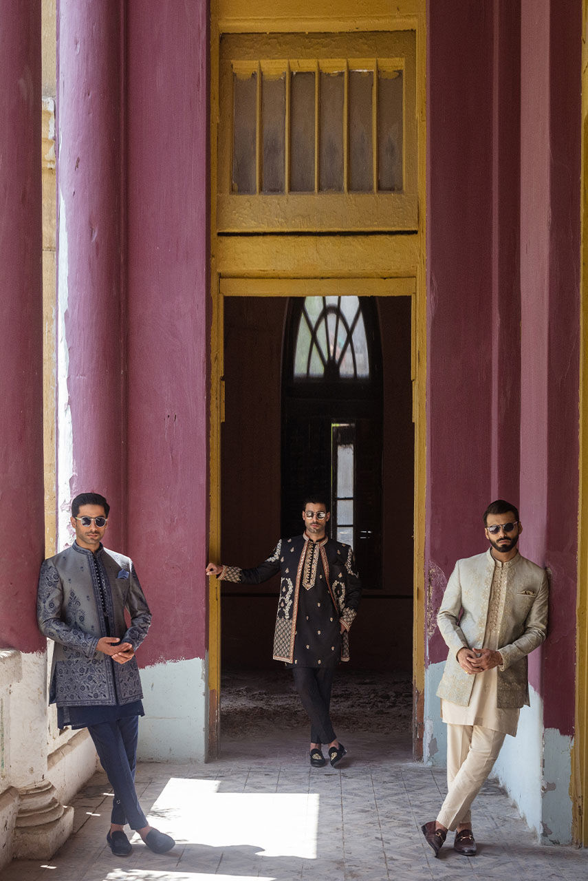 Light Grey Embroidered Raw Silk Prince Coat (3-Piece) - Image 4