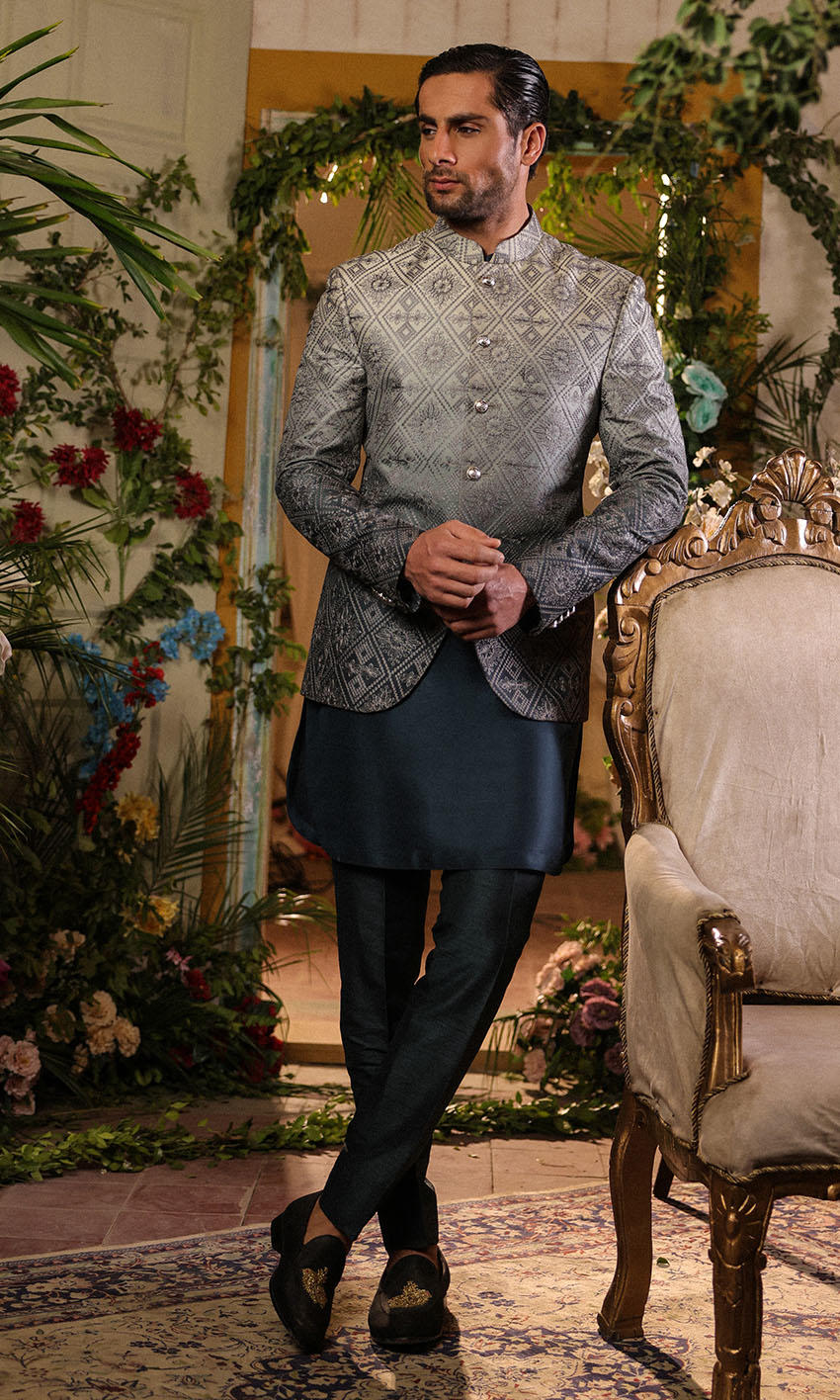 Slate Grey Ombre Embroidered Silk-Blend Prince Coat (3-Piece) - Image 1