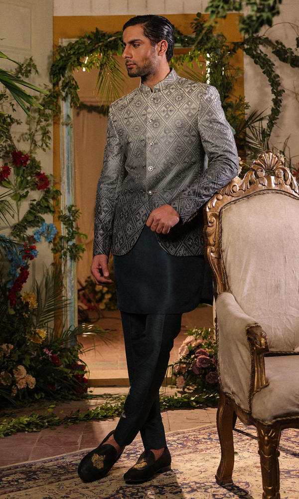 Slate Grey Ombre Embroidered Silk-Blend Prince Coat (3-Piece) - Image 3