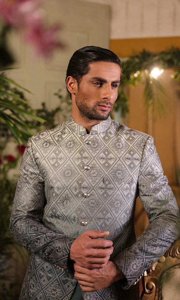 Slate Grey Ombre Embroidered Silk-Blend Prince Coat (3-Piece) - Image 4