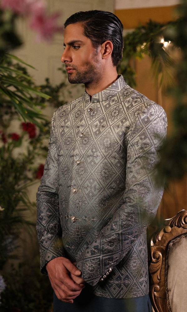 Slate Grey Ombre Embroidered Silk-Blend Prince Coat (3-Piece) - Image 7