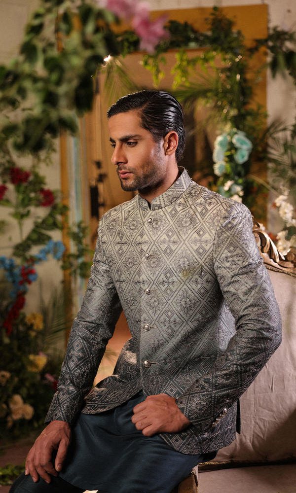 Slate Grey Ombre Embroidered Silk-Blend Prince Coat (3-Piece) - Image 8