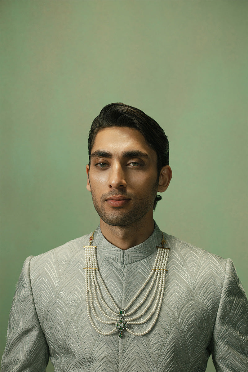 Ice Grey Embroidered Silk-Blend Prince Coat (3-Piece) - Image 2