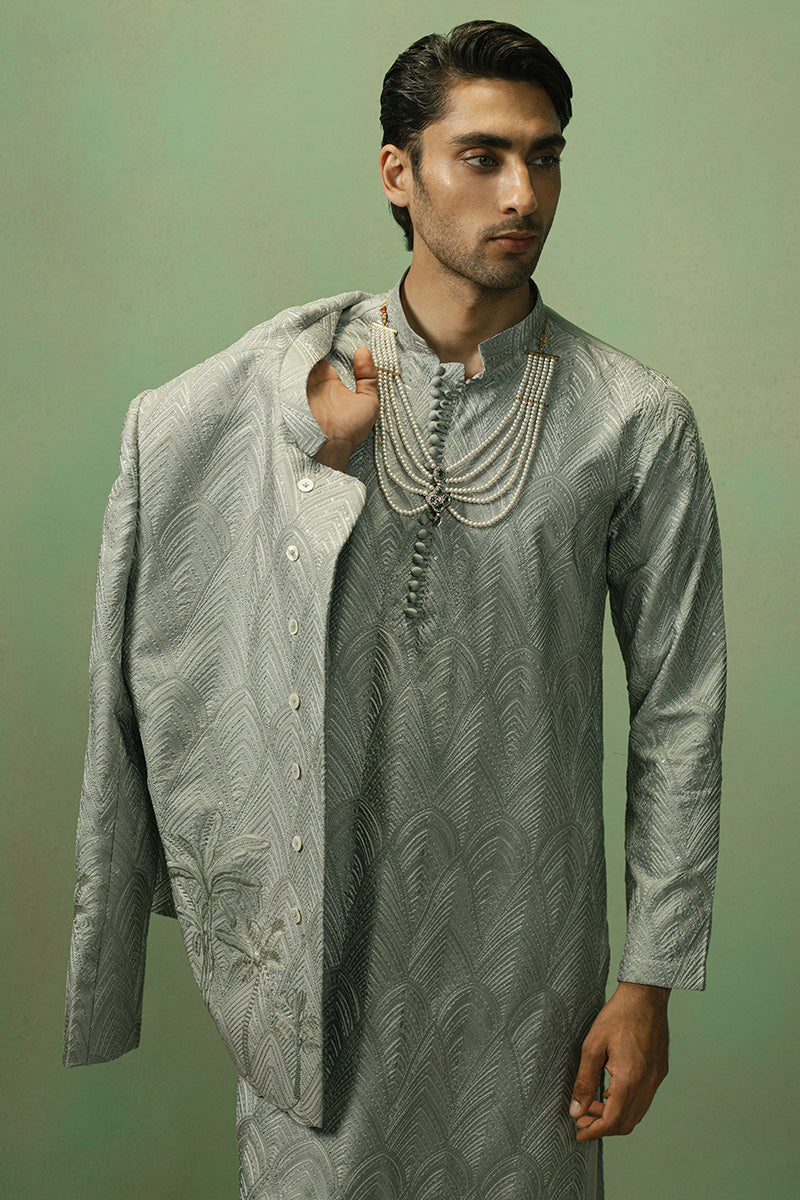 Ice Grey Embroidered Silk-Blend Prince Coat (3-Piece) - Image 5