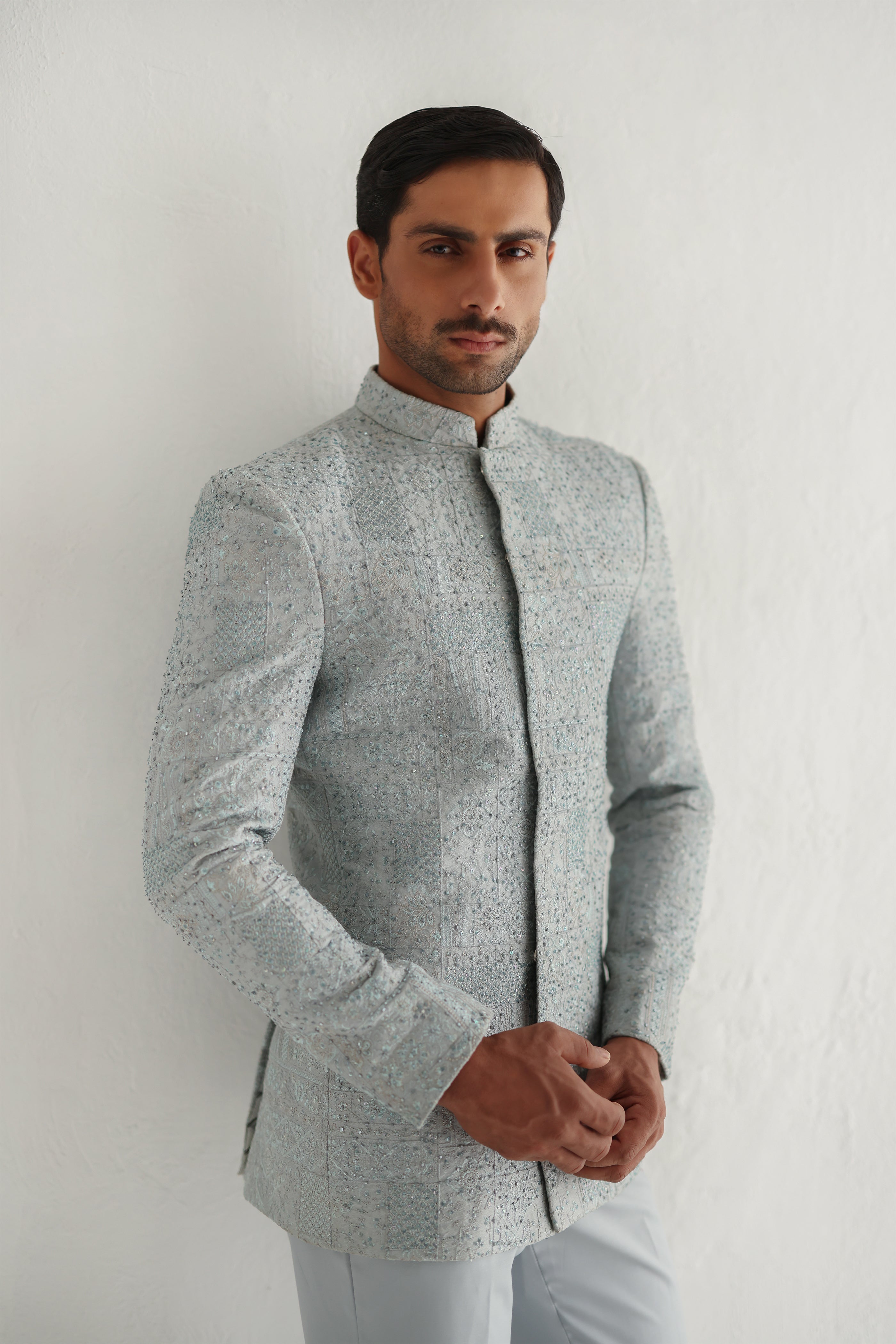 Grey Hand-Embellished Silk-Blend Prince Suit (2-Piece) - Image 2