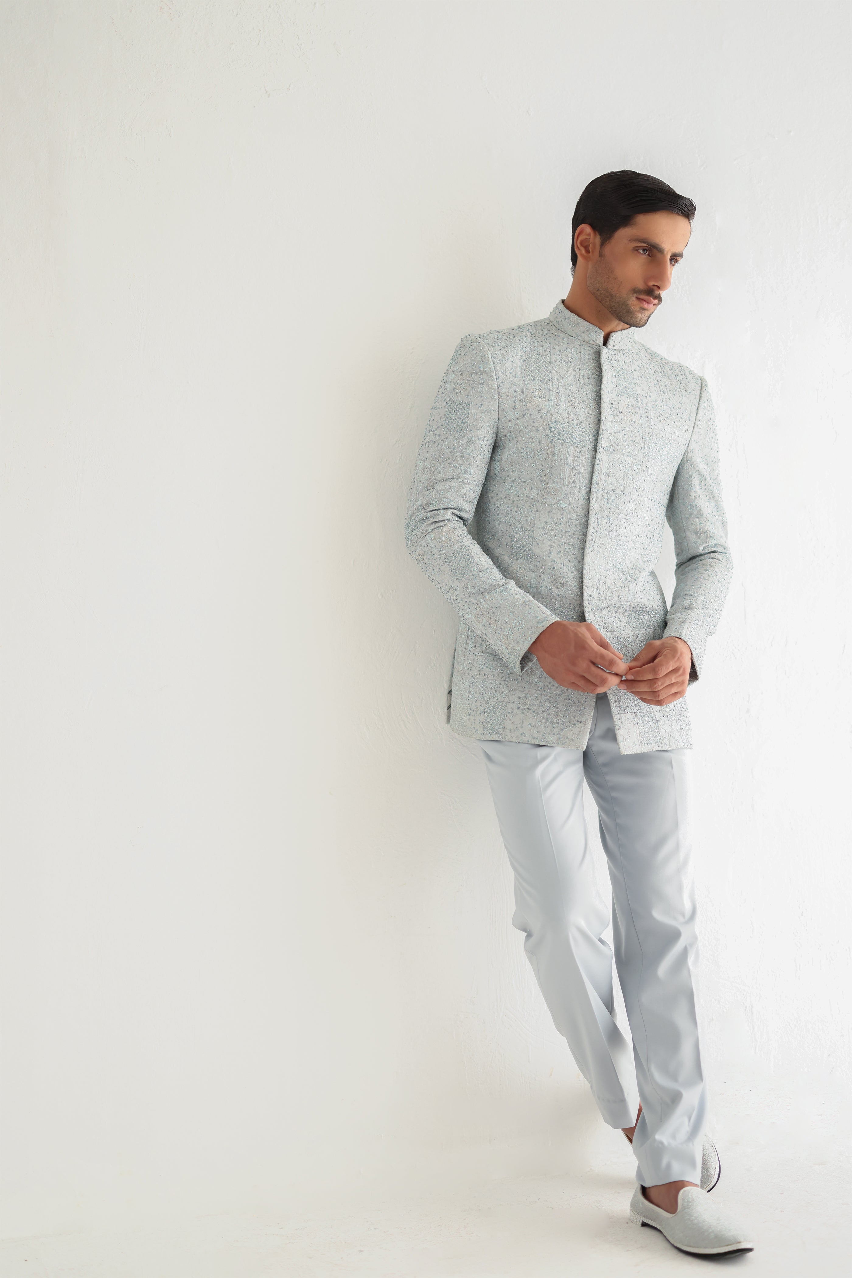 Grey Hand-Embellished Silk-Blend Prince Suit (2-Piece) - Image 3
