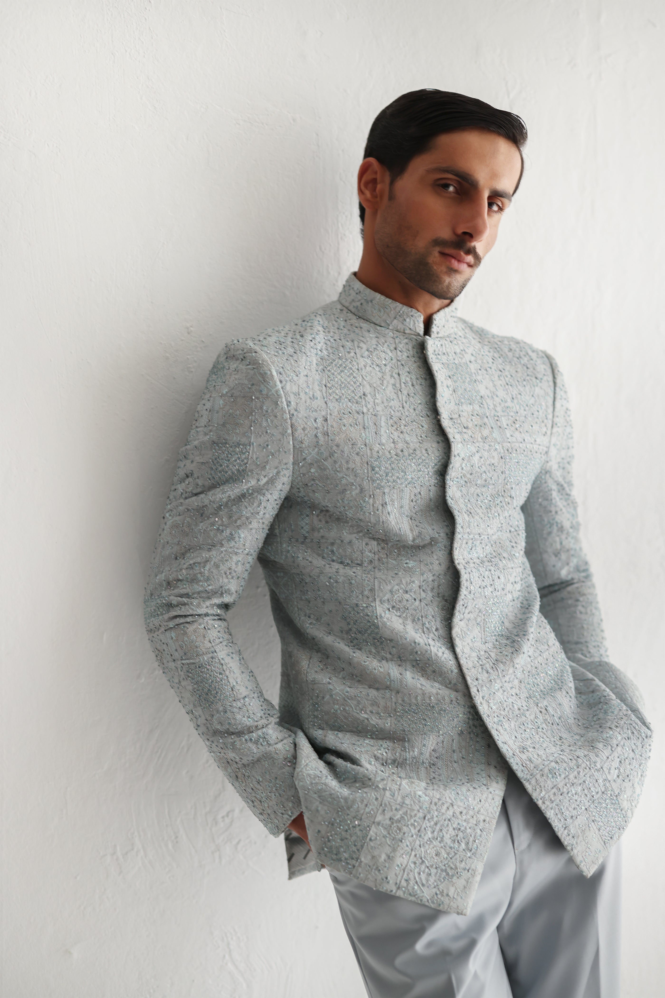 Grey Hand-Embellished Silk-Blend Prince Suit (2-Piece) - Image 4