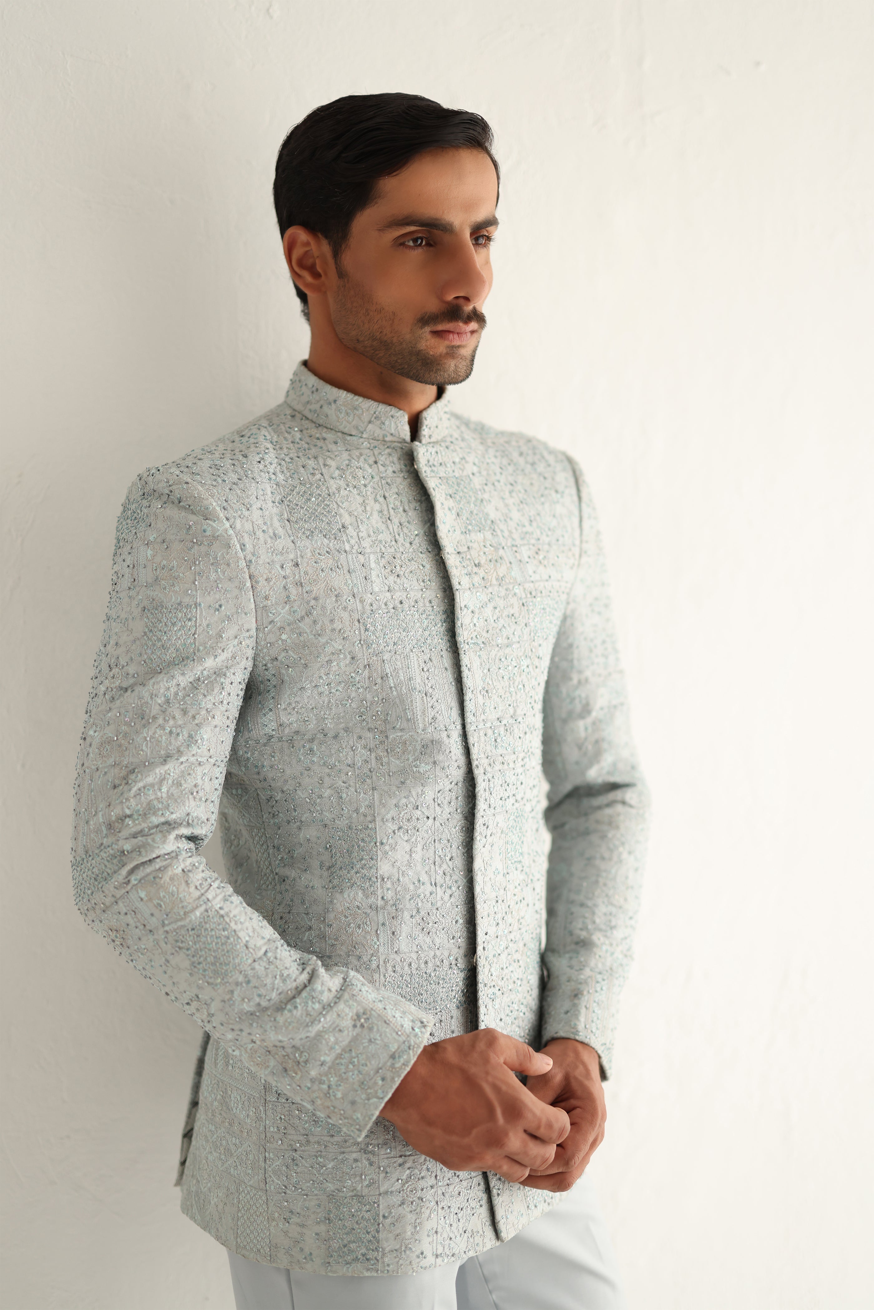 Grey Hand-Embellished Silk-Blend Prince Suit (2-Piece) - Image 5