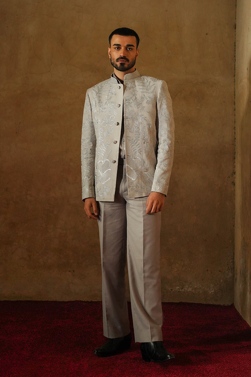 Dove Grey Embroidered Silk Prince Jacket (2-Piece) - Image 1