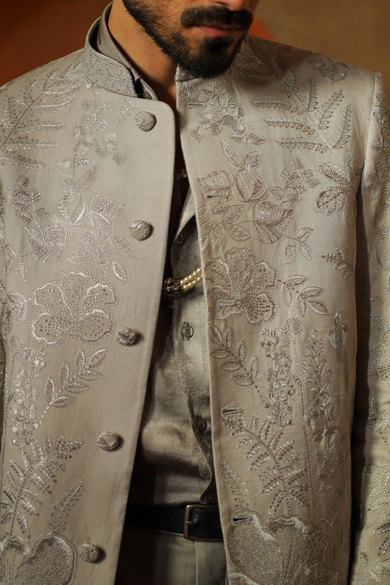Dove Grey Embroidered Silk Prince Jacket (2-Piece) - Image 3