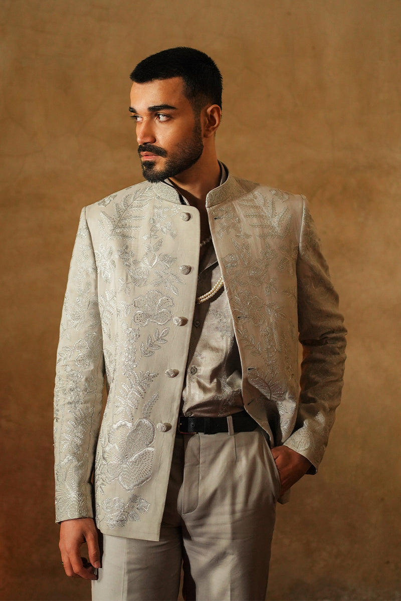 Dove Grey Embroidered Silk Prince Jacket (3-Piece) - Image 2