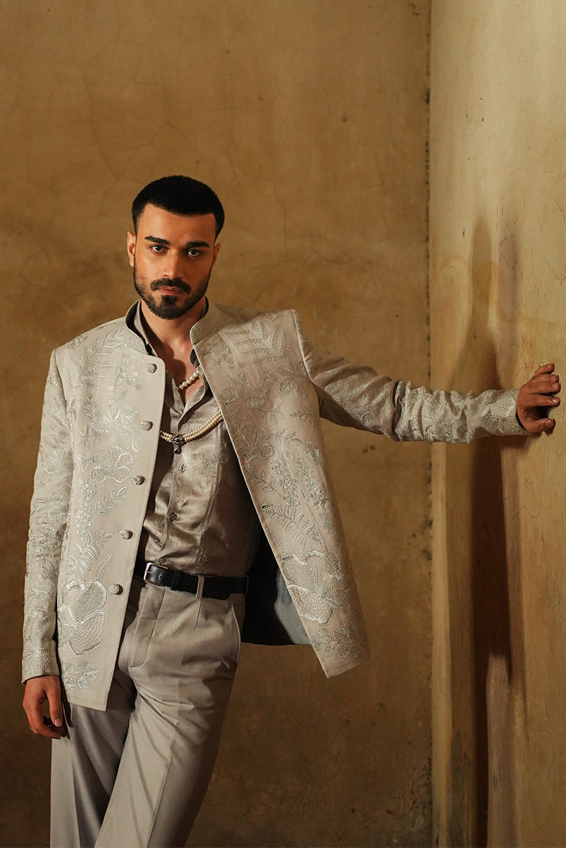 Dove Grey Embroidered Silk Prince Jacket (3-Piece) - Image 4