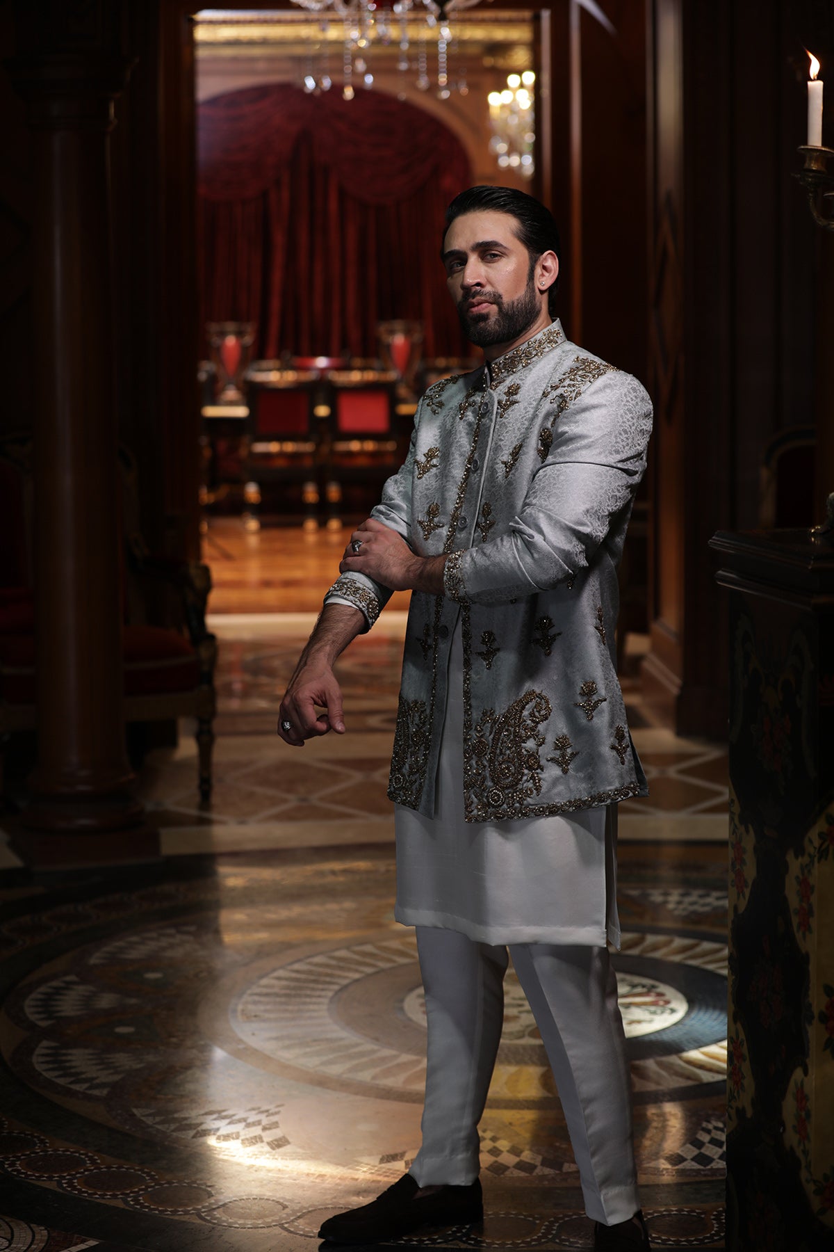 Ice Grey Hand-Embellished Velvet Prince Coat (3-Piece) - Image 1