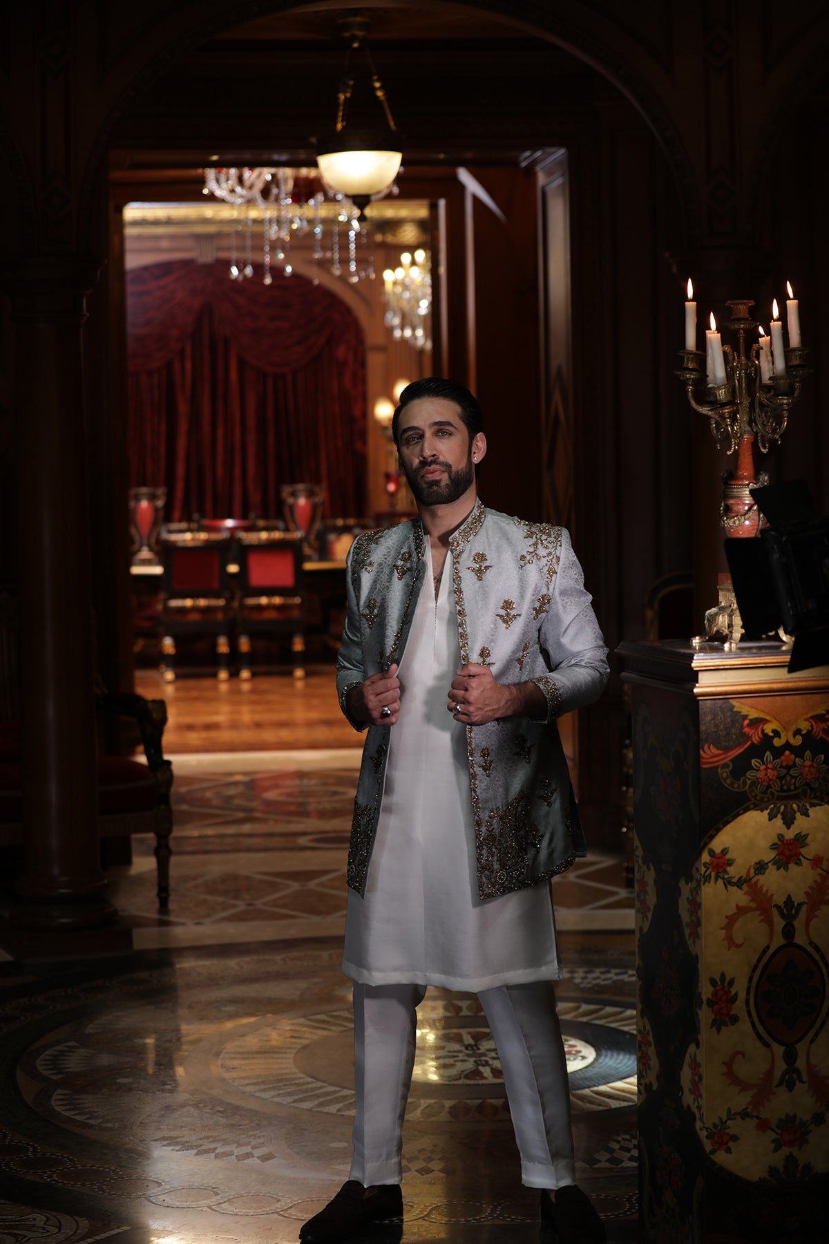 Ice Grey Hand-Embellished Velvet Prince Coat (3-Piece) - Image 2