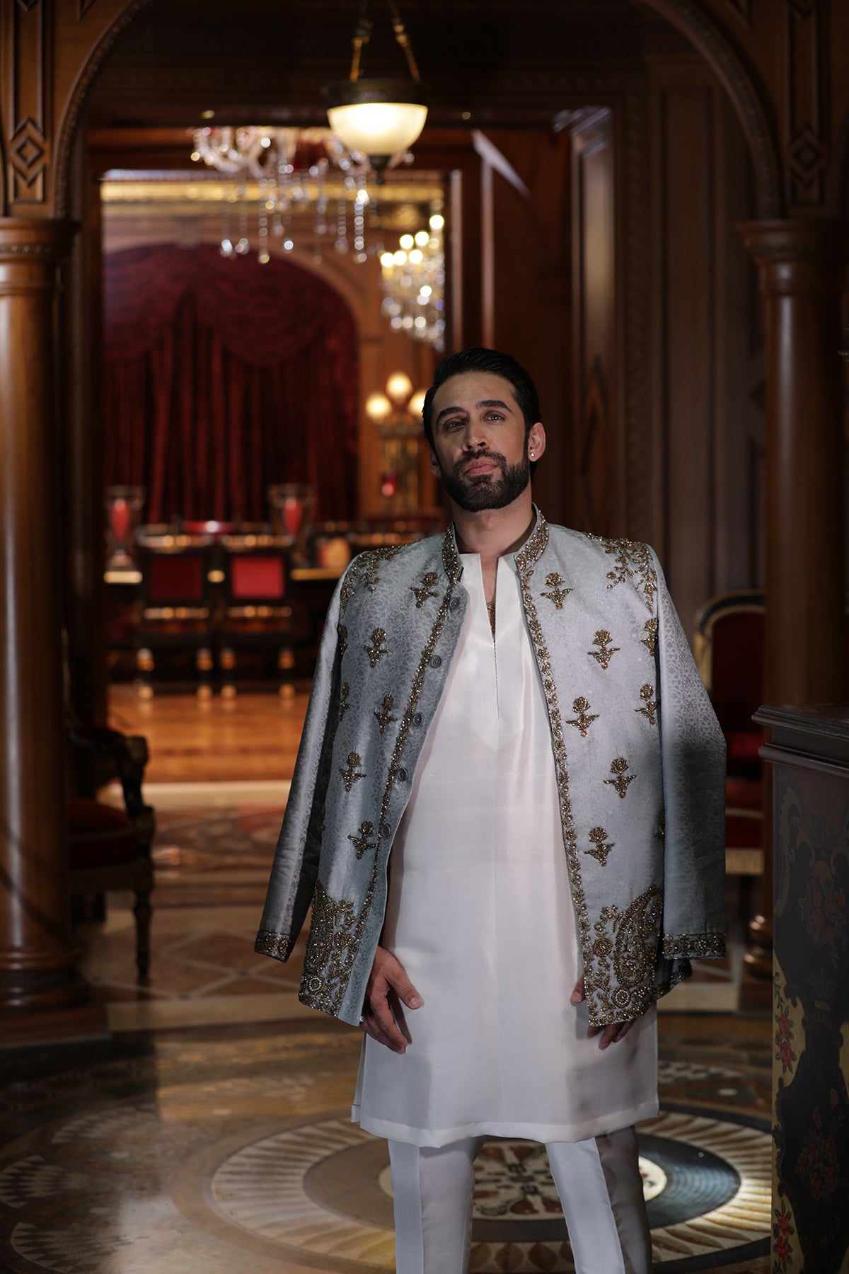 Ice Grey Hand-Embellished Velvet Prince Coat (3-Piece) - Image 4