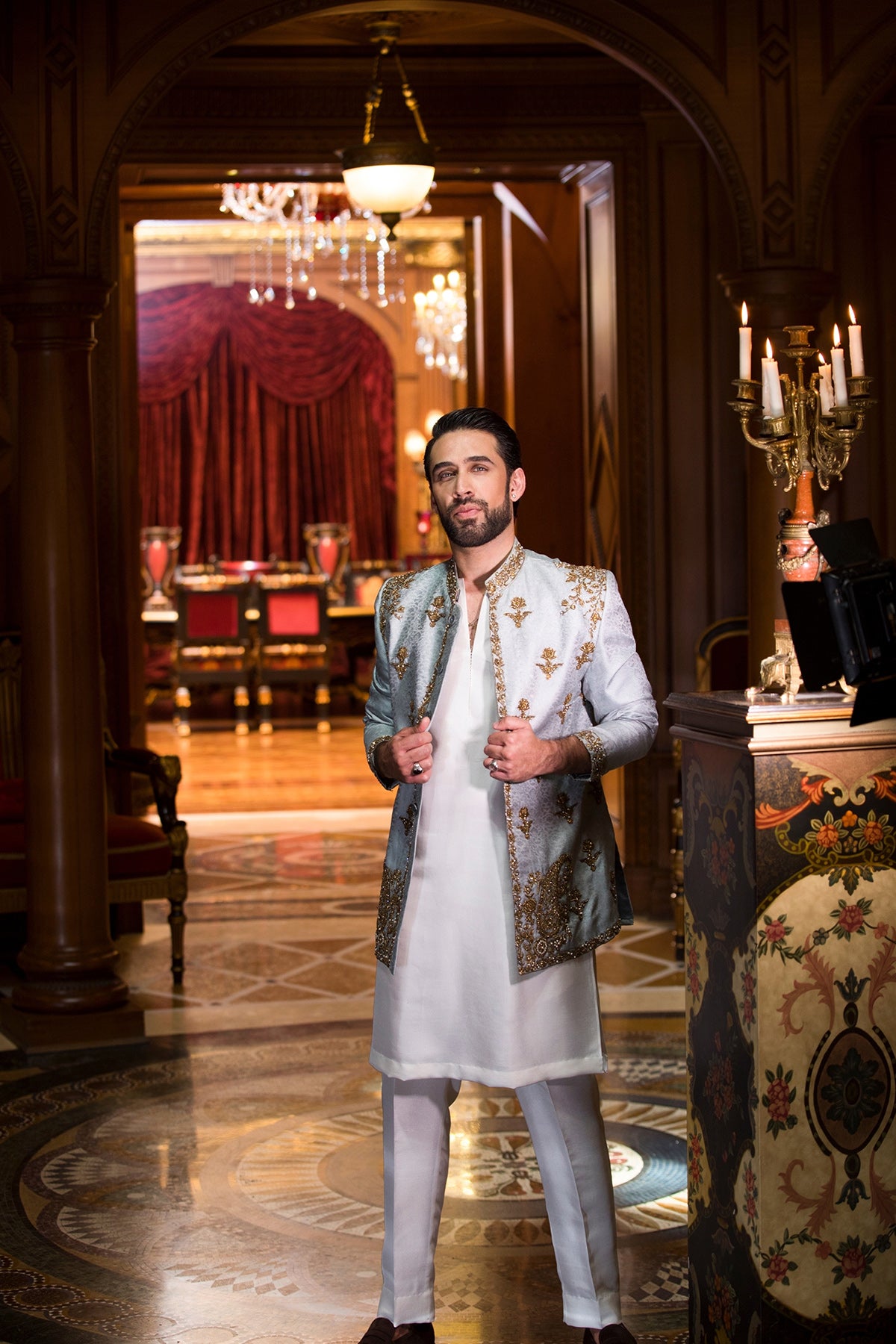 Ice Grey Hand-Embellished Velvet Prince Coat (3-Piece) - Image 5