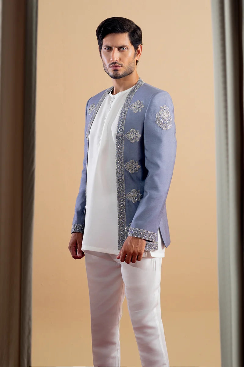 Light Grey Embellished Viscose Prince Coat (3-Piece) - Image 2