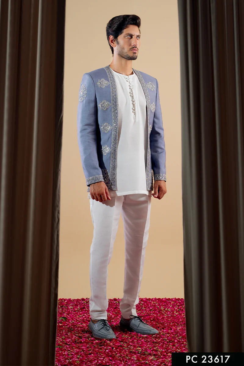 Light Grey Embroidered Viscose Prince Coat (3-Piece) - Image 1