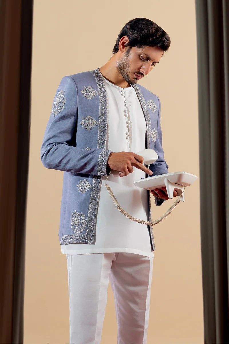 Light Grey Embroidered Viscose Prince Coat (3-Piece) - Image 3