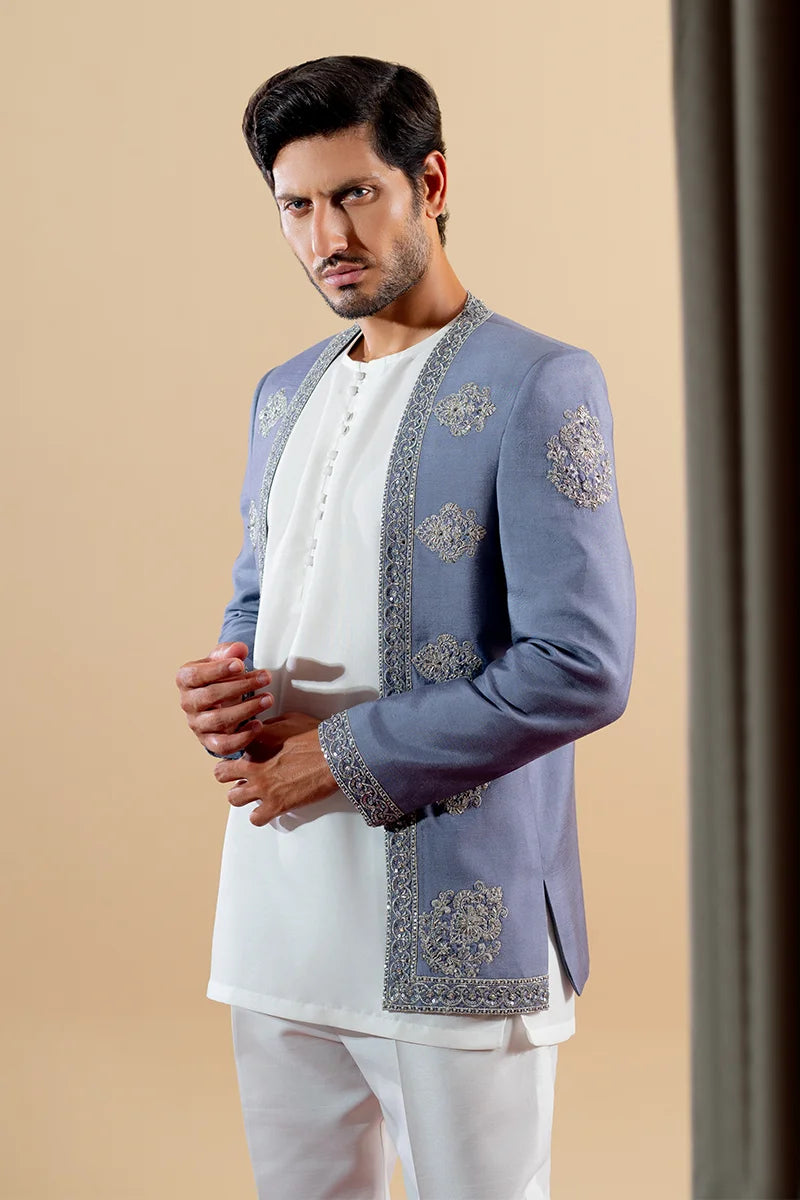 Light Grey Embroidered Viscose Prince Coat (3-Piece) - Image 4
