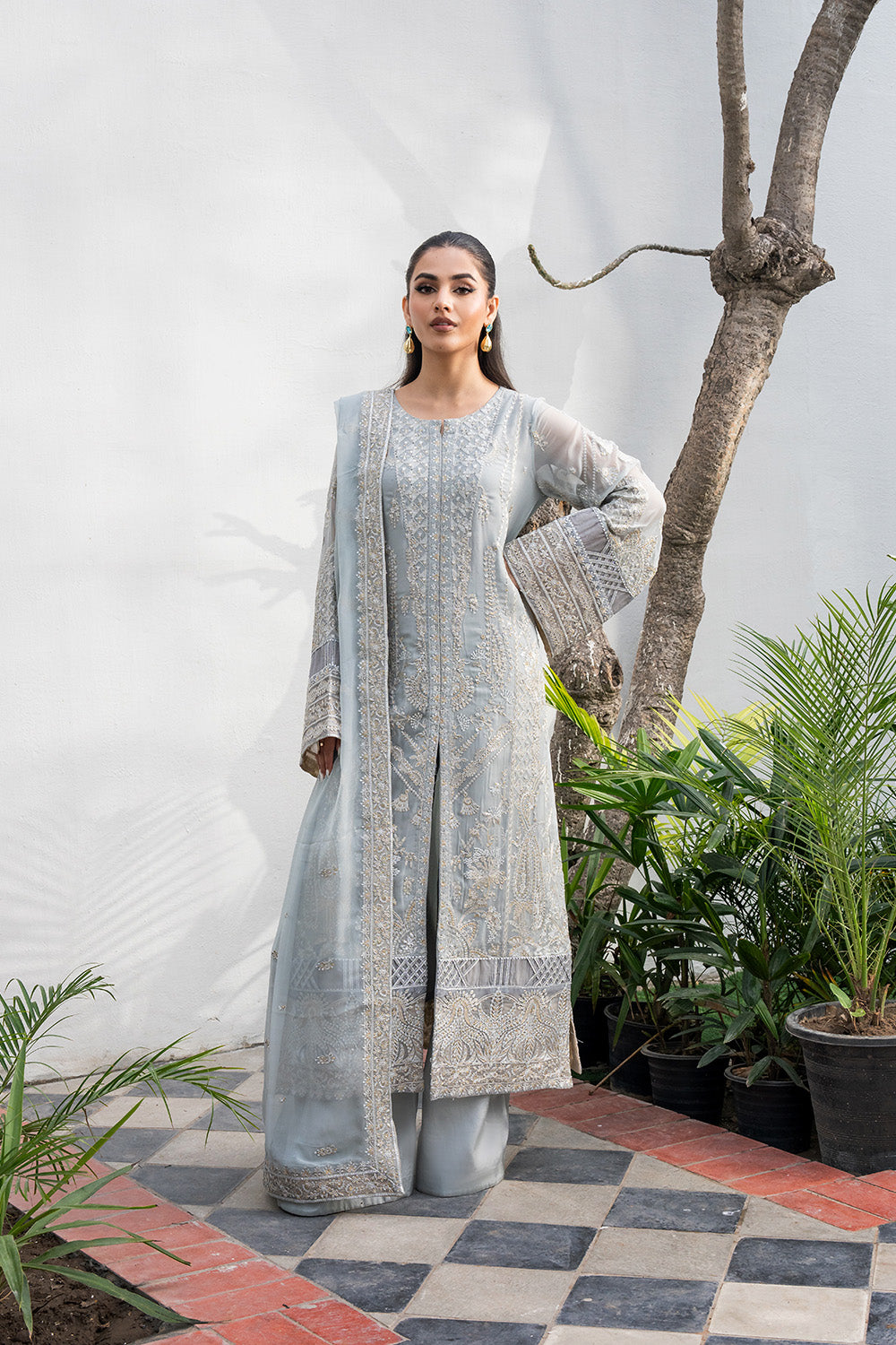 Steel Grey Embroidered Chiffon & Organza Suit (3-Piece) - Image 1