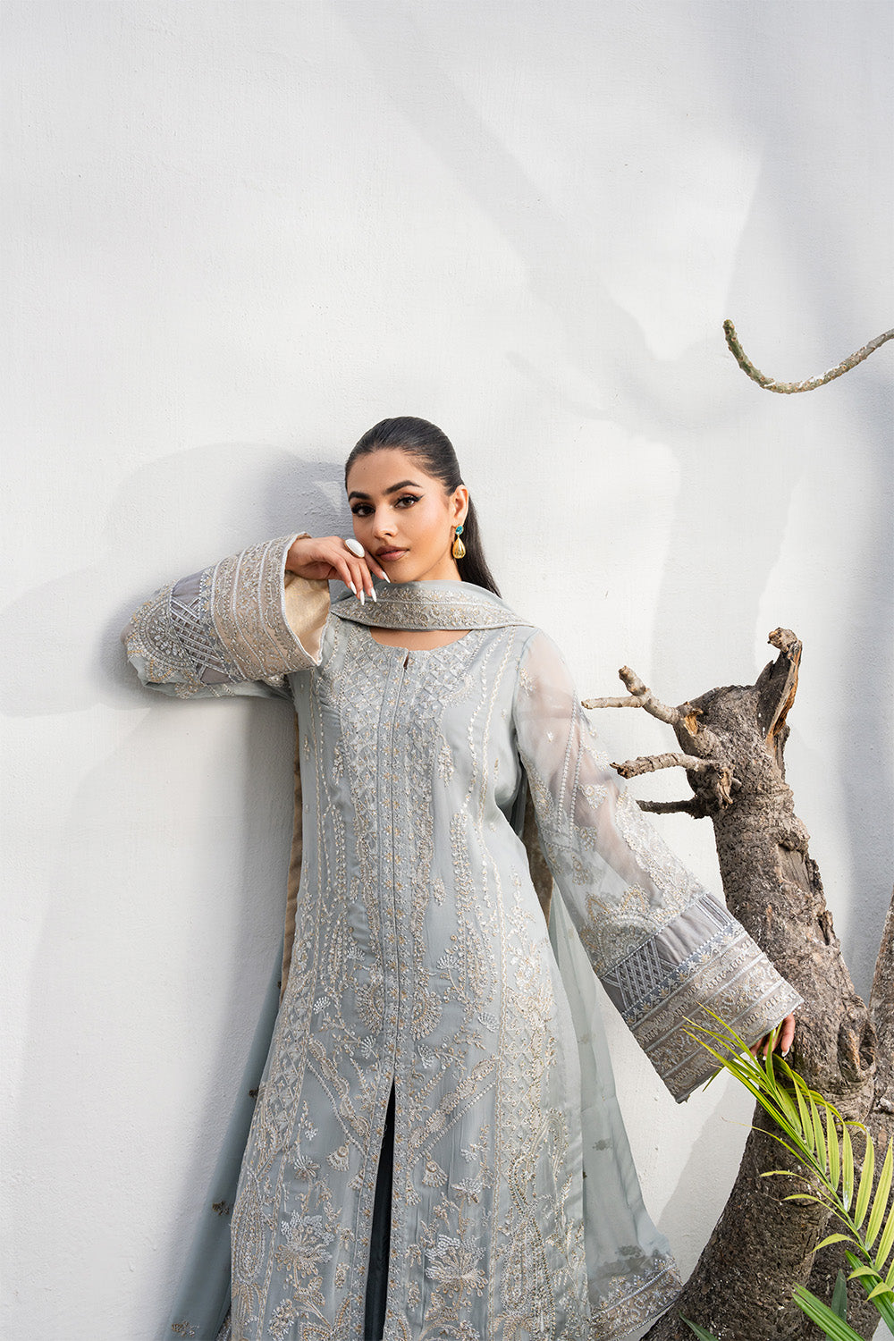 Steel Grey Embroidered Chiffon & Organza Suit (3-Piece) - Image 2