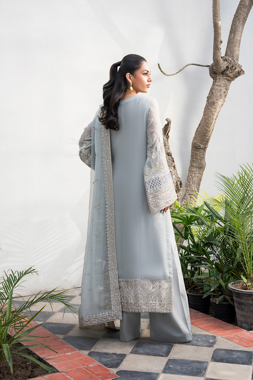 Steel Grey Embroidered Chiffon & Organza Suit (3-Piece) - Image 3