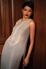 Pakistani Light Grey-Blue Sequin Chiffon Long Shirt (2-Piece) - Image 5