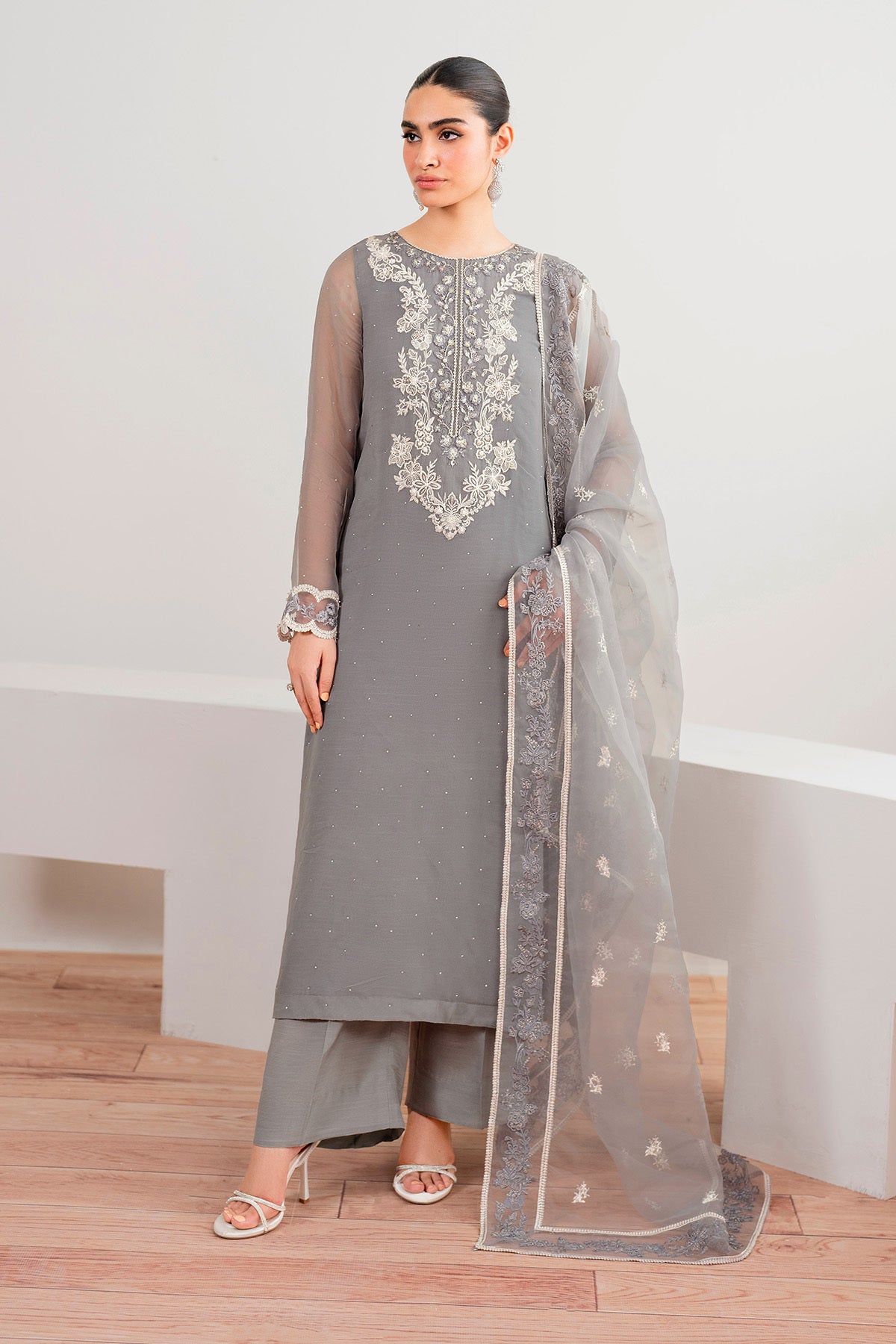 Pakistani Grey Embroidered Chiffon 3-Piece Suit - Image 1