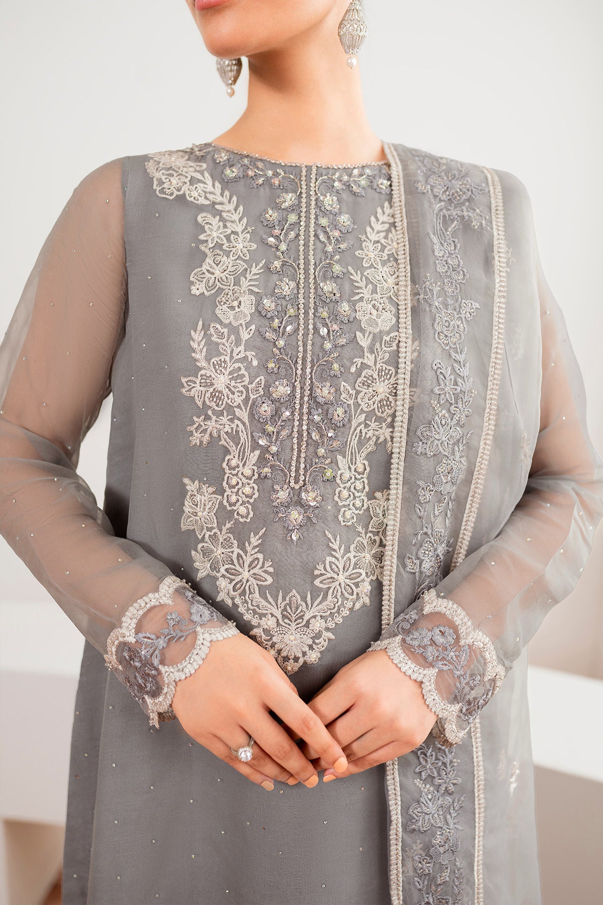 Pakistani Grey Embroidered Chiffon 3-Piece Suit - Image 2