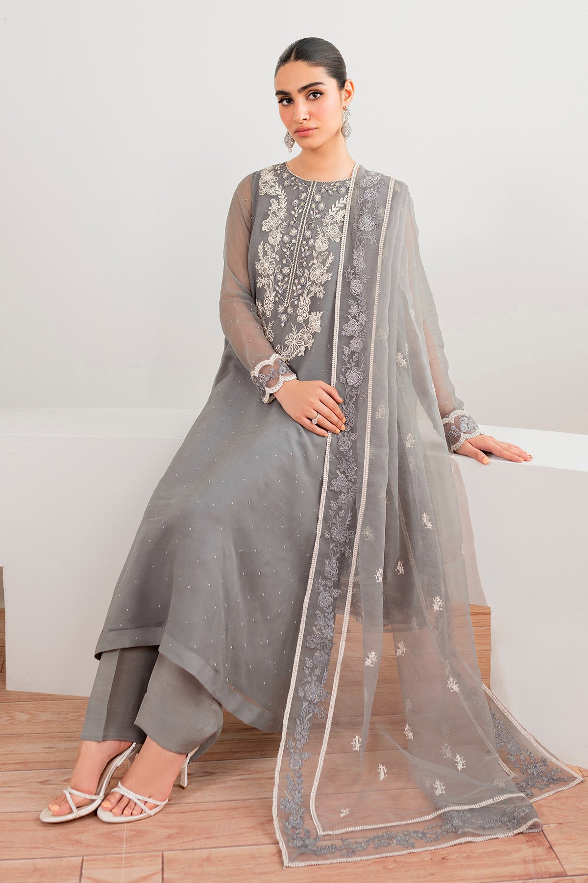 Pakistani Grey Embroidered Chiffon 3-Piece Suit - Image 3