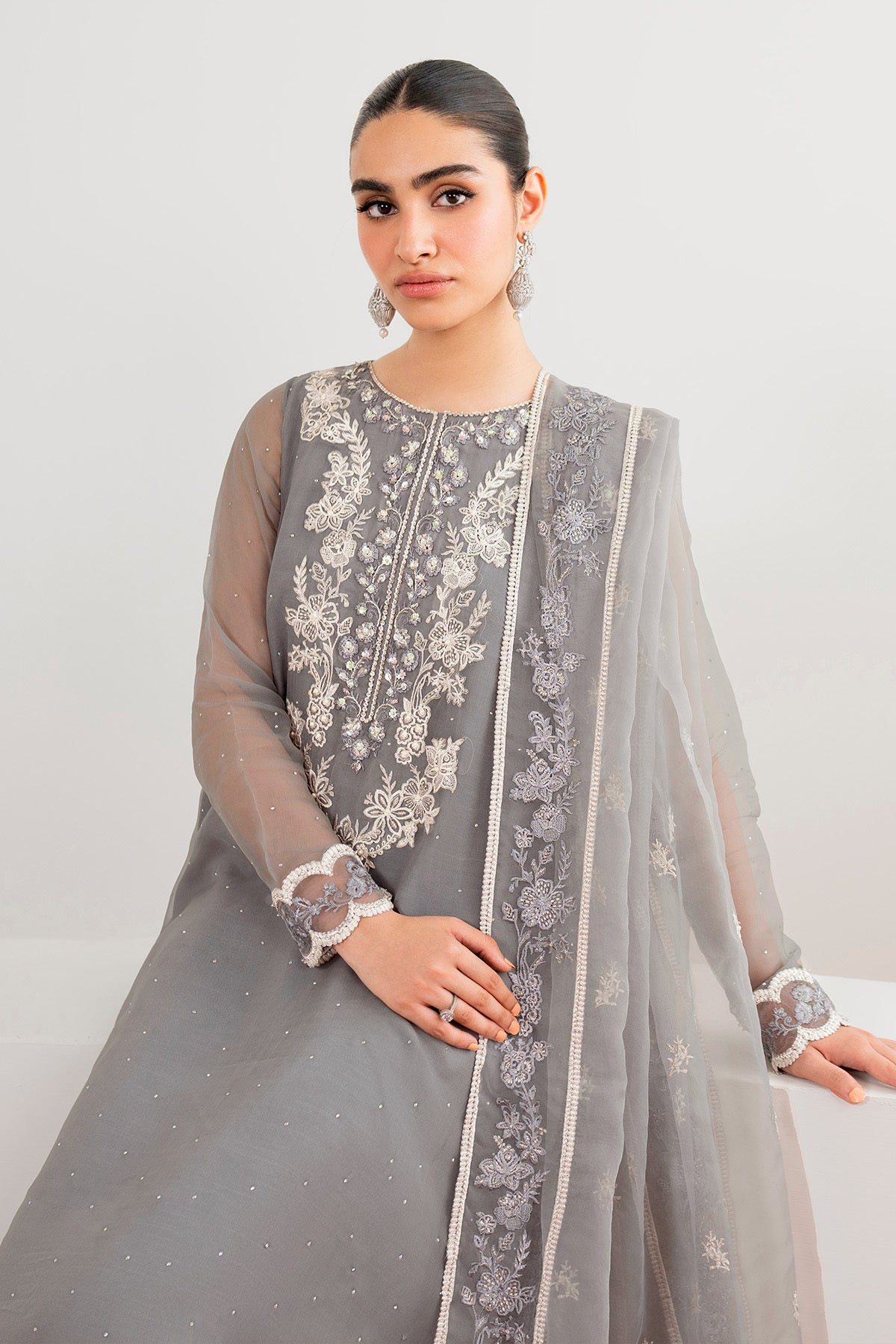 Pakistani Grey Embroidered Chiffon 3-Piece Suit - Image 4
