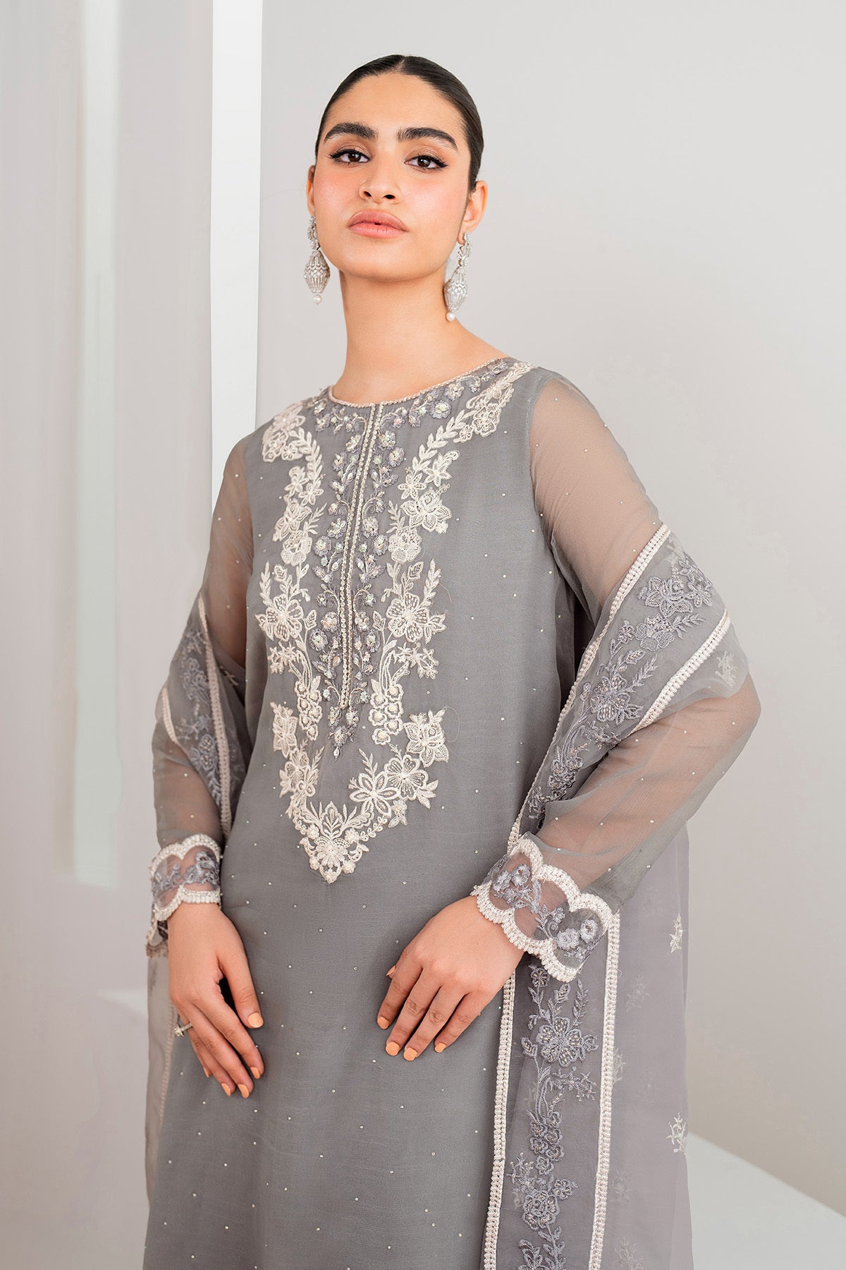 Pakistani Grey Embroidered Chiffon 3-Piece Suit - Image 6
