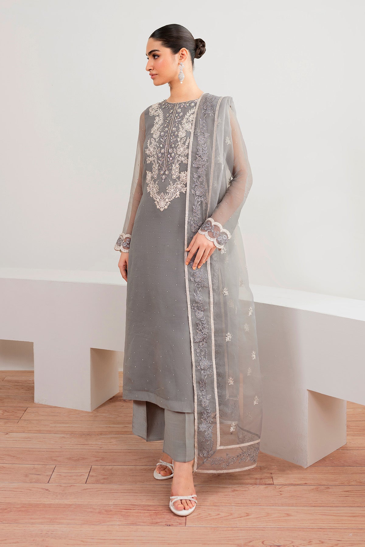 Pakistani Grey Embroidered Chiffon 3-Piece Suit - Image 7