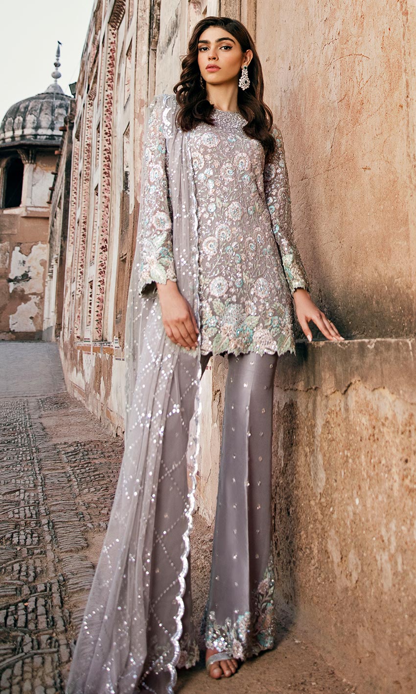 Pakistani Ash Grey Embroidered Chiffon Salwar Kameez (3-Piece) - Image 1