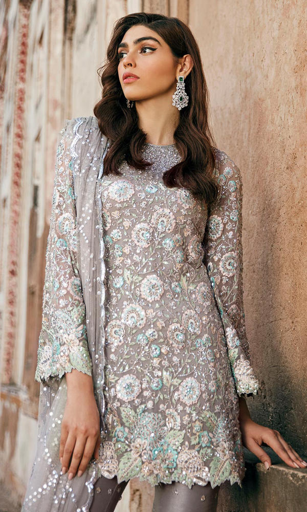 Pakistani Ash Grey Embroidered Chiffon Salwar Kameez (3-Piece) - Image 3