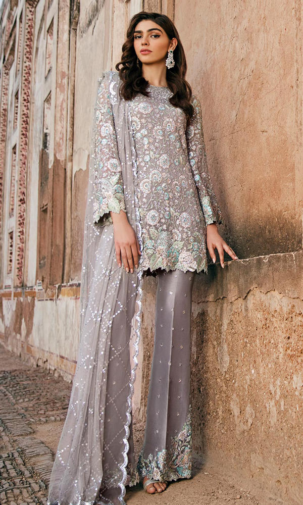 Pakistani Ash Grey Embroidered Chiffon Salwar Kameez (3-Piece) - Image 4