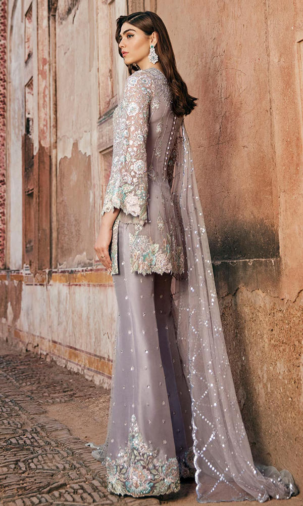 Pakistani Ash Grey Embroidered Chiffon Salwar Kameez (3-Piece) - Image 5