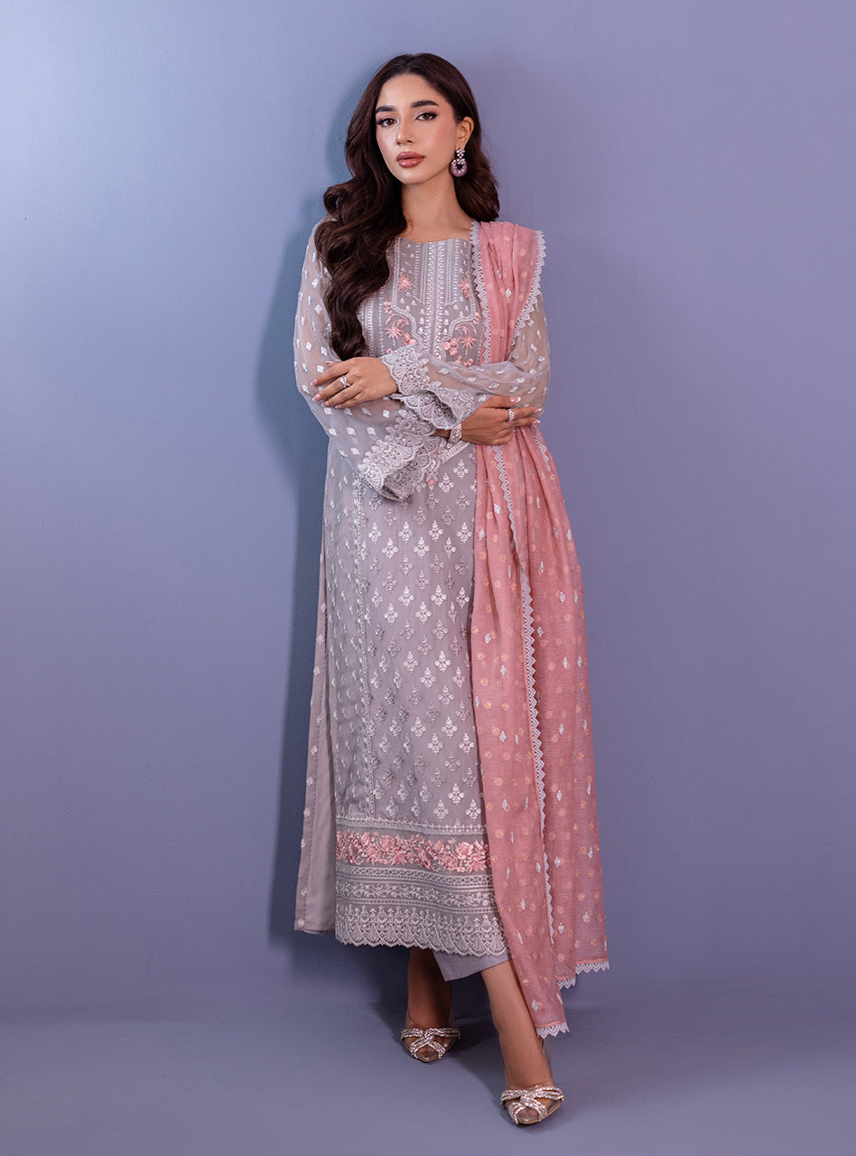 Grey Embroidered Chiffon Salwar Kameez (3-Piece) - Image 1