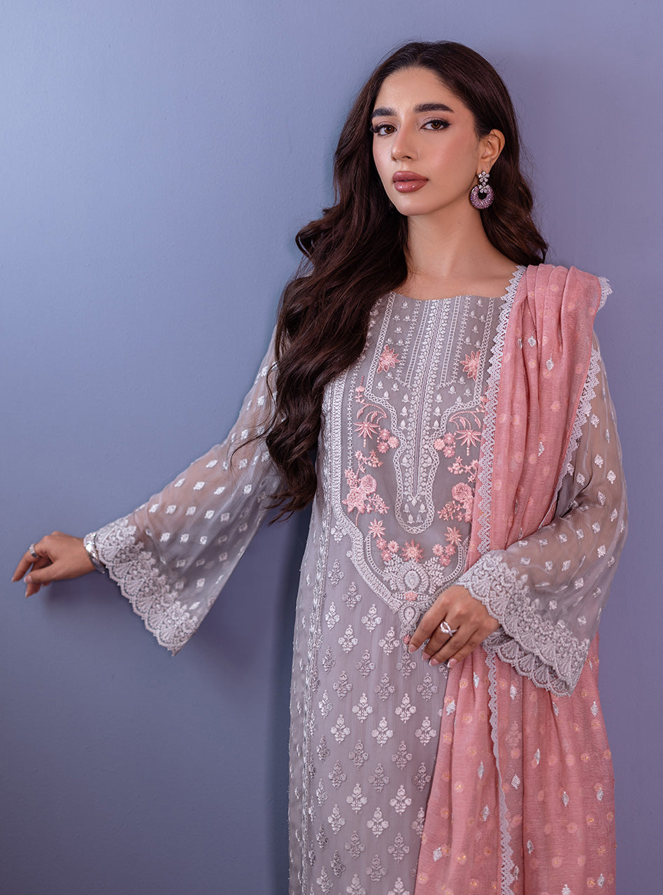 Grey Embroidered Chiffon Salwar Kameez (3-Piece) - Image 2