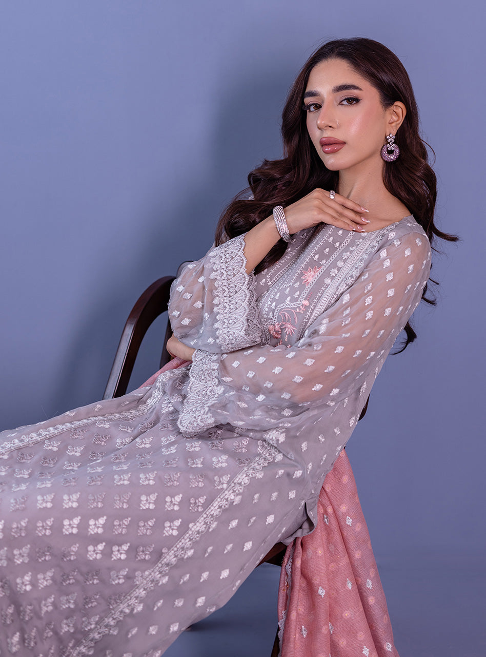 Grey Embroidered Chiffon Salwar Kameez (3-Piece) - Image 5