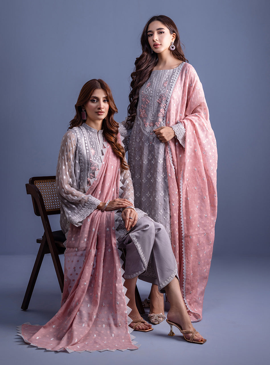 Grey Embroidered Chiffon Salwar Kameez (3-Piece) - Image 8