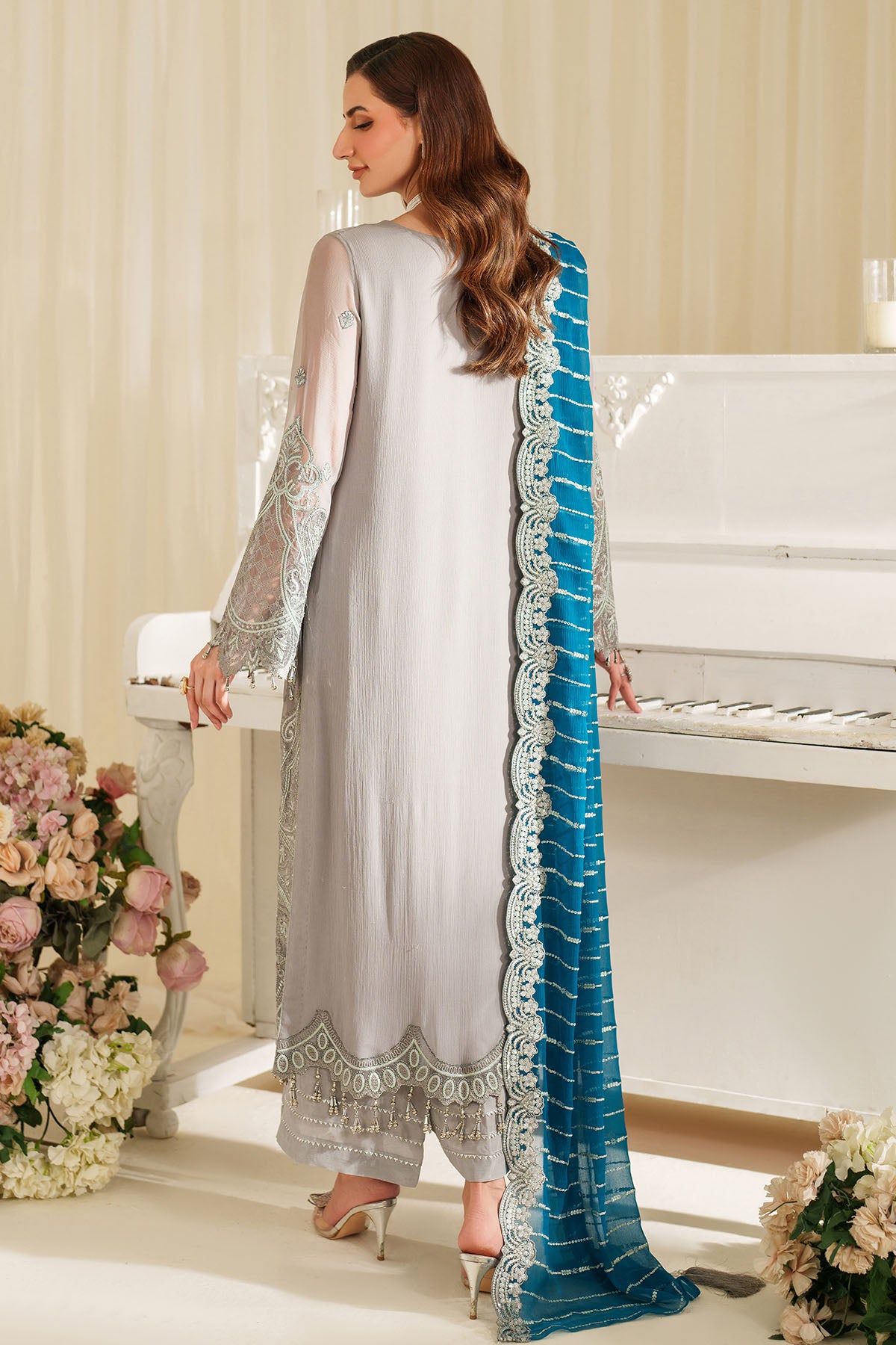 Grey Embroidered Chiffon 3-Piece Suit - Image 3