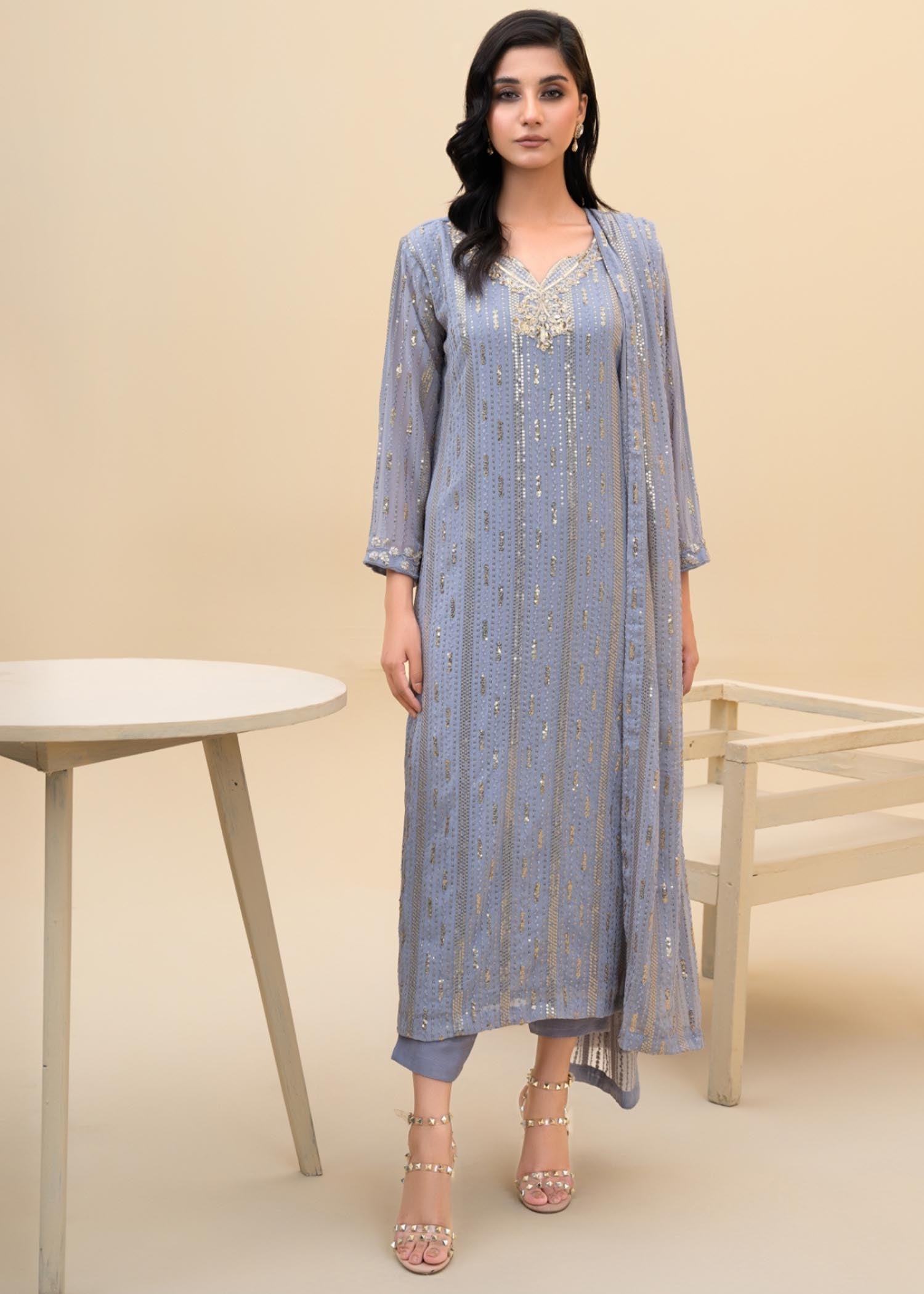 Pakistani Grey Embroidered Chiffon Kurta Set (3-Piece) - Image 1