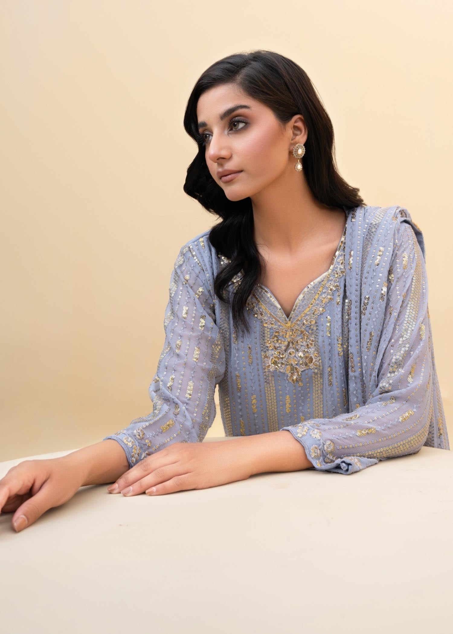 Pakistani Grey Embroidered Chiffon Kurta Set (3-Piece) - Image 3