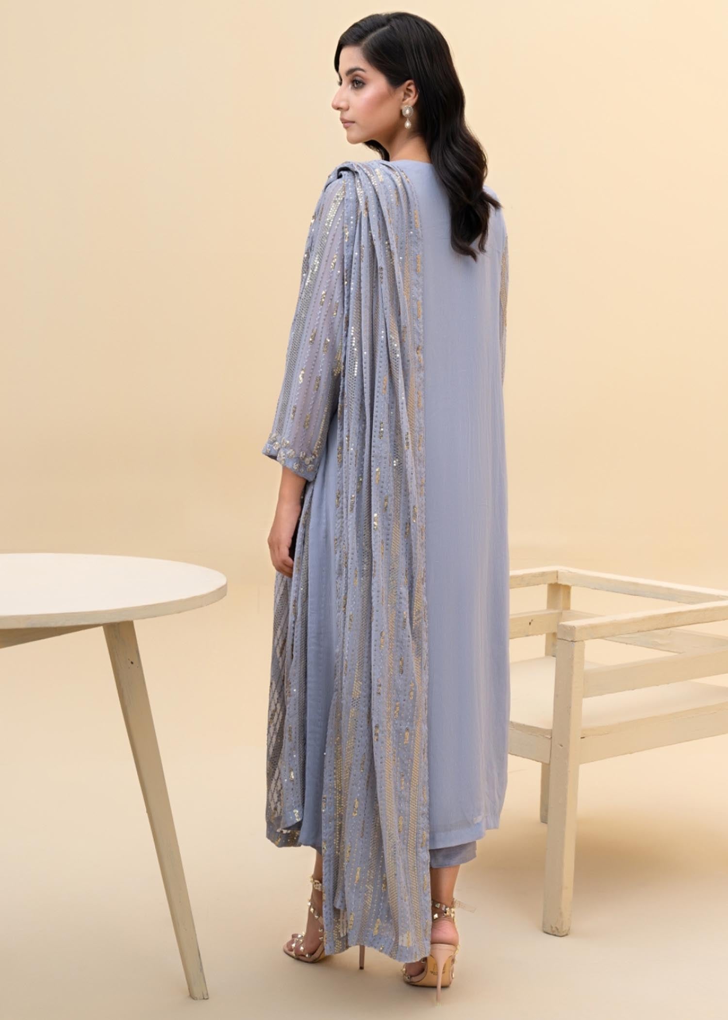 Pakistani Grey Embroidered Chiffon Kurta Set (3-Piece) - Image 4