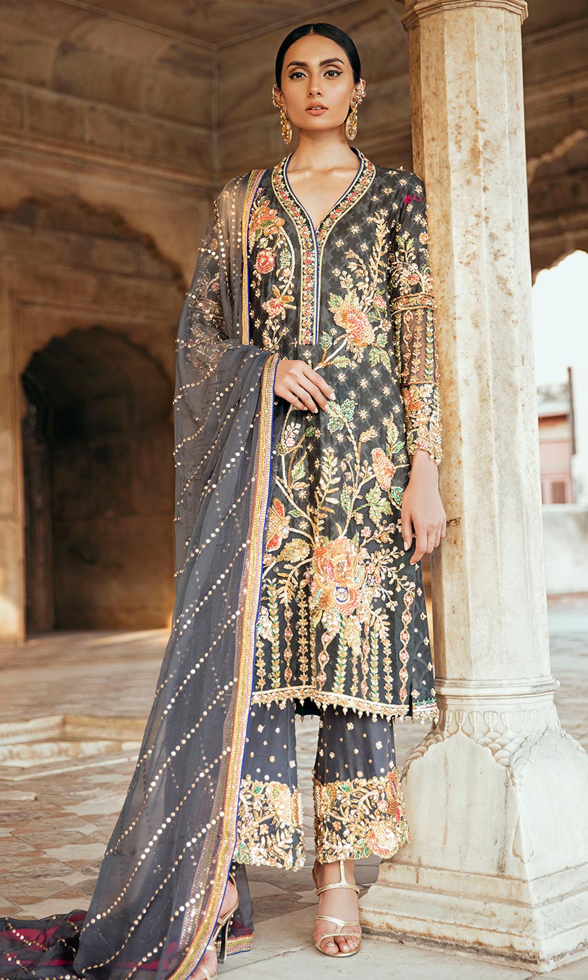 Pakistani Ash Grey Embroidered Cotton Net Salwar Kameez (3-Piece) - Image 1