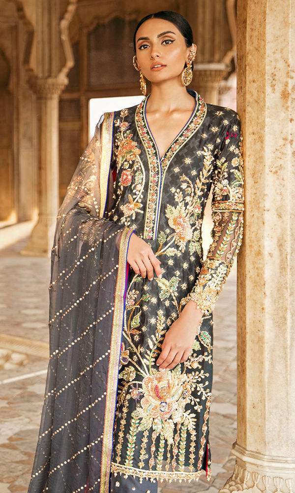 Pakistani Ash Grey Embroidered Cotton Net Salwar Kameez (3-Piece) - Image 3