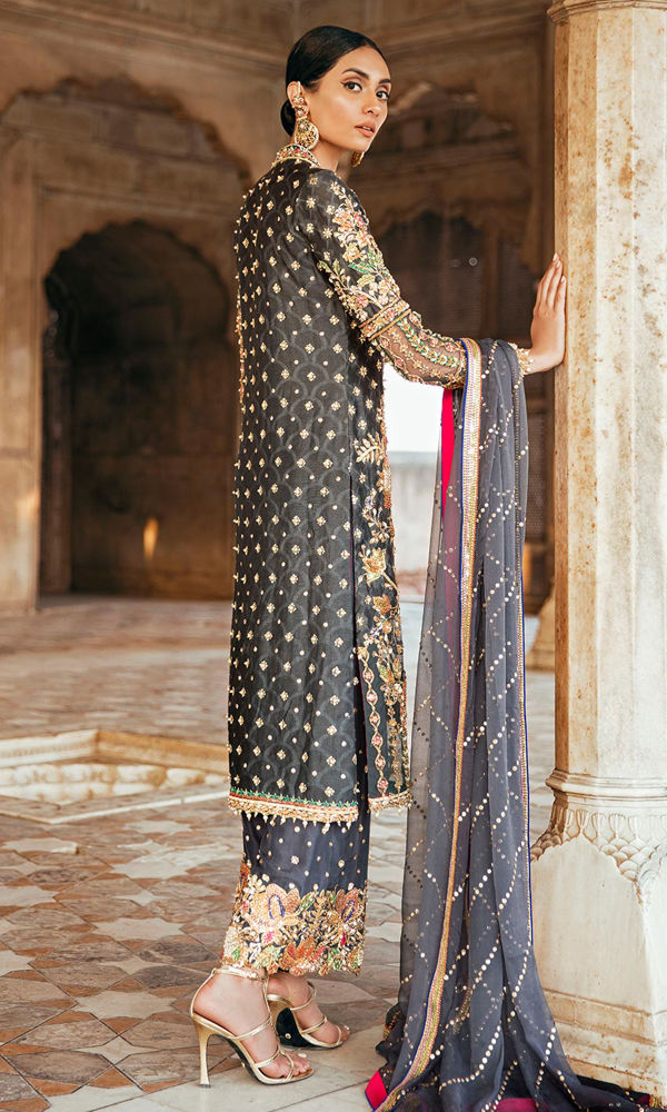 Pakistani Ash Grey Embroidered Cotton Net Salwar Kameez (3-Piece) - Image 4